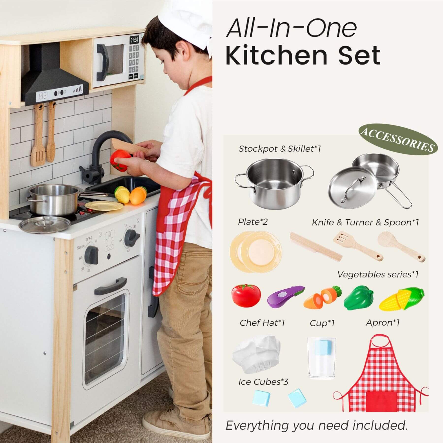 Child playing with a toy kitchen set and accessories on a white background