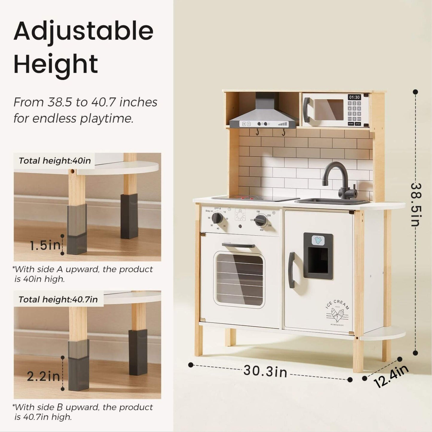 Tiny Land® Interactive Play Kitchen with Sounds & Cookware with adjustable height features and measurements.