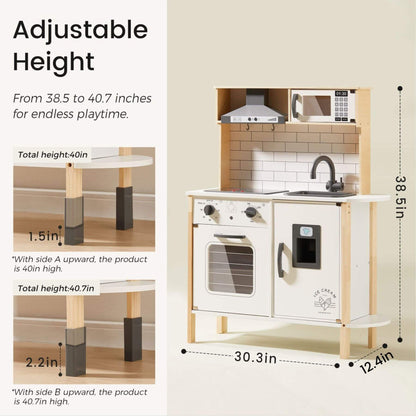 Tiny Land® Interactive Play Kitchen with Sounds & Cookware with adjustable height features and measurements.
