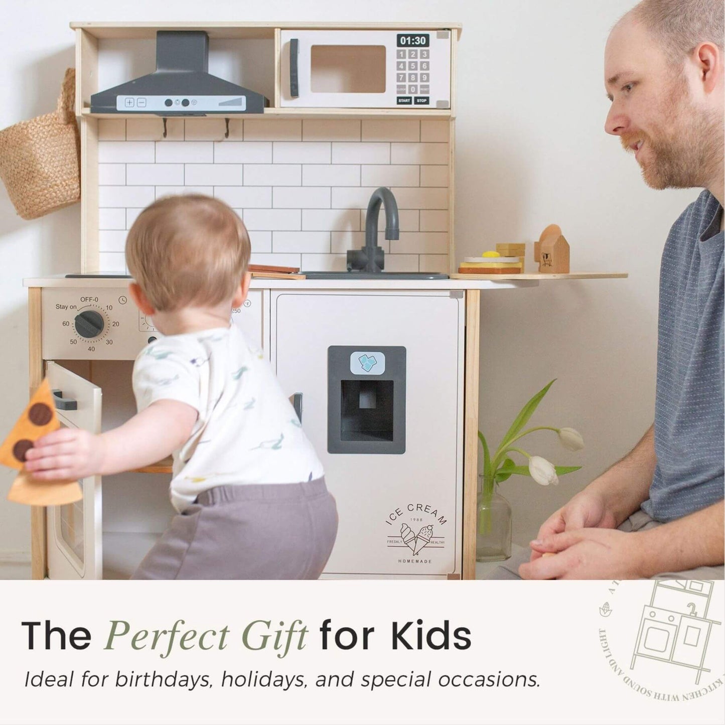 Child playing with a toy kitchen set next to an adult, with text 'The Perfect Gift for Kids'.