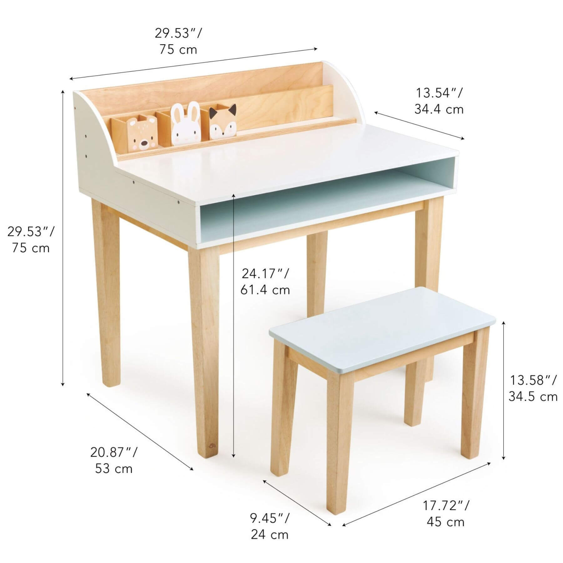Tender Leaf Desk and Chair with dimensions labeled on a white background