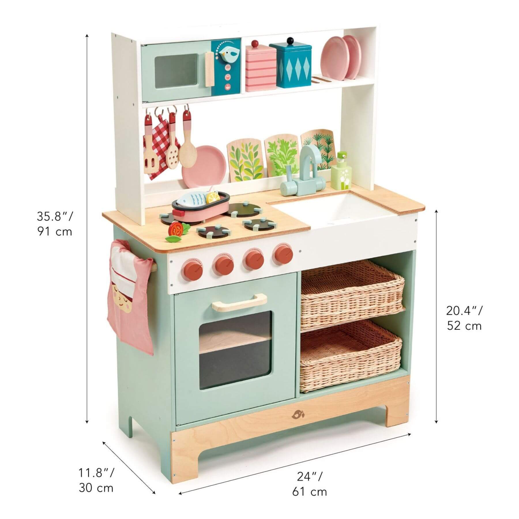 Tender Leaf Kitchen Range with measurements on a white background