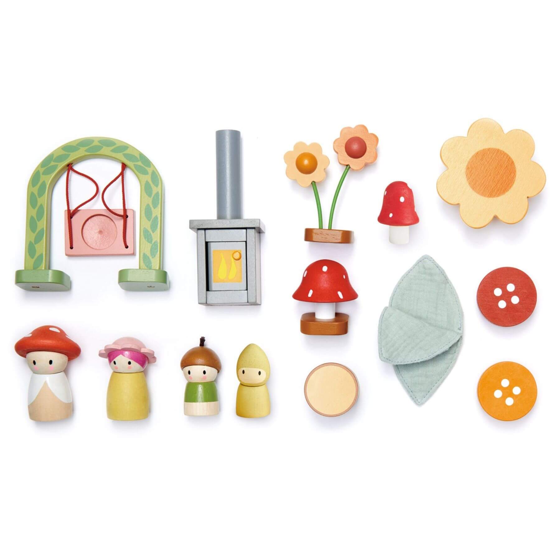 Set of colorful wooden toys including a bridge, lantern, flowers, mushrooms, and people on a white background.
