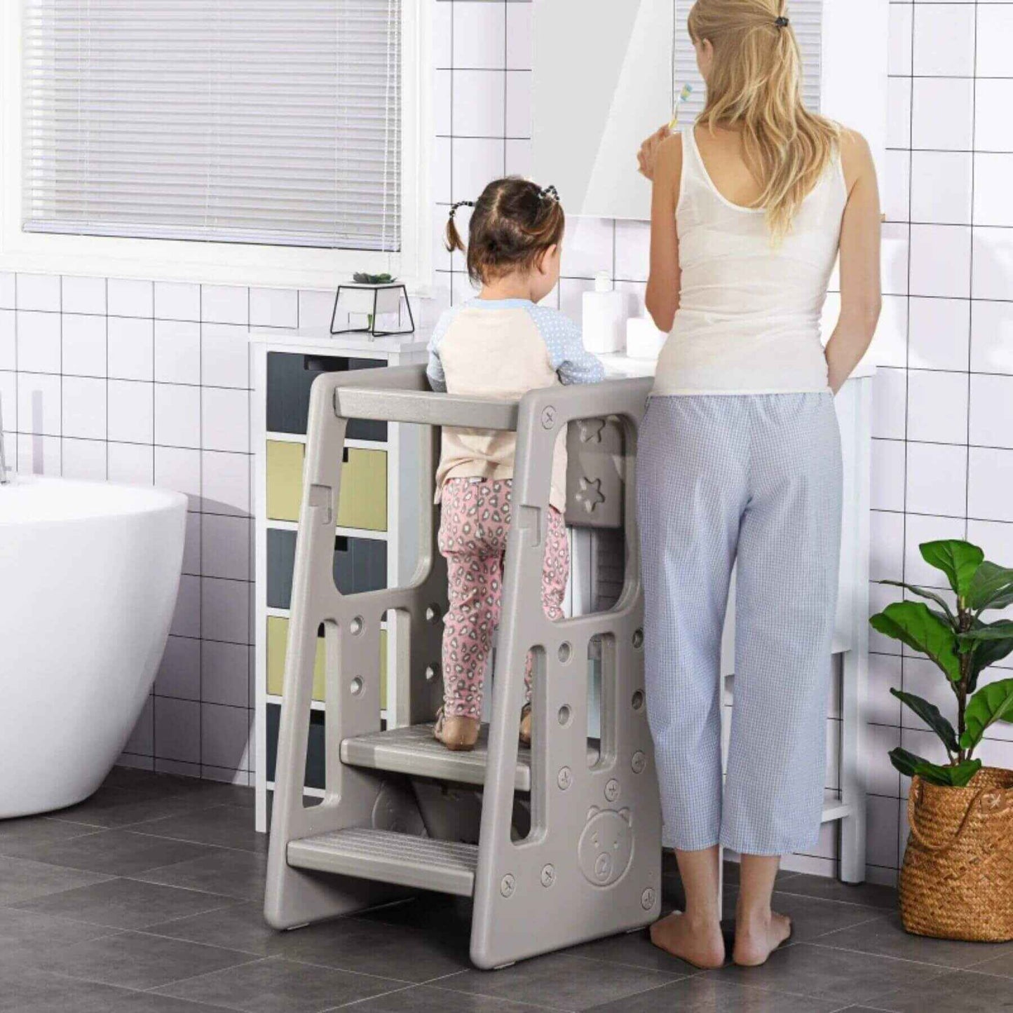 Kid Using Qaba Toddler Tower with Adjustable Height Grey