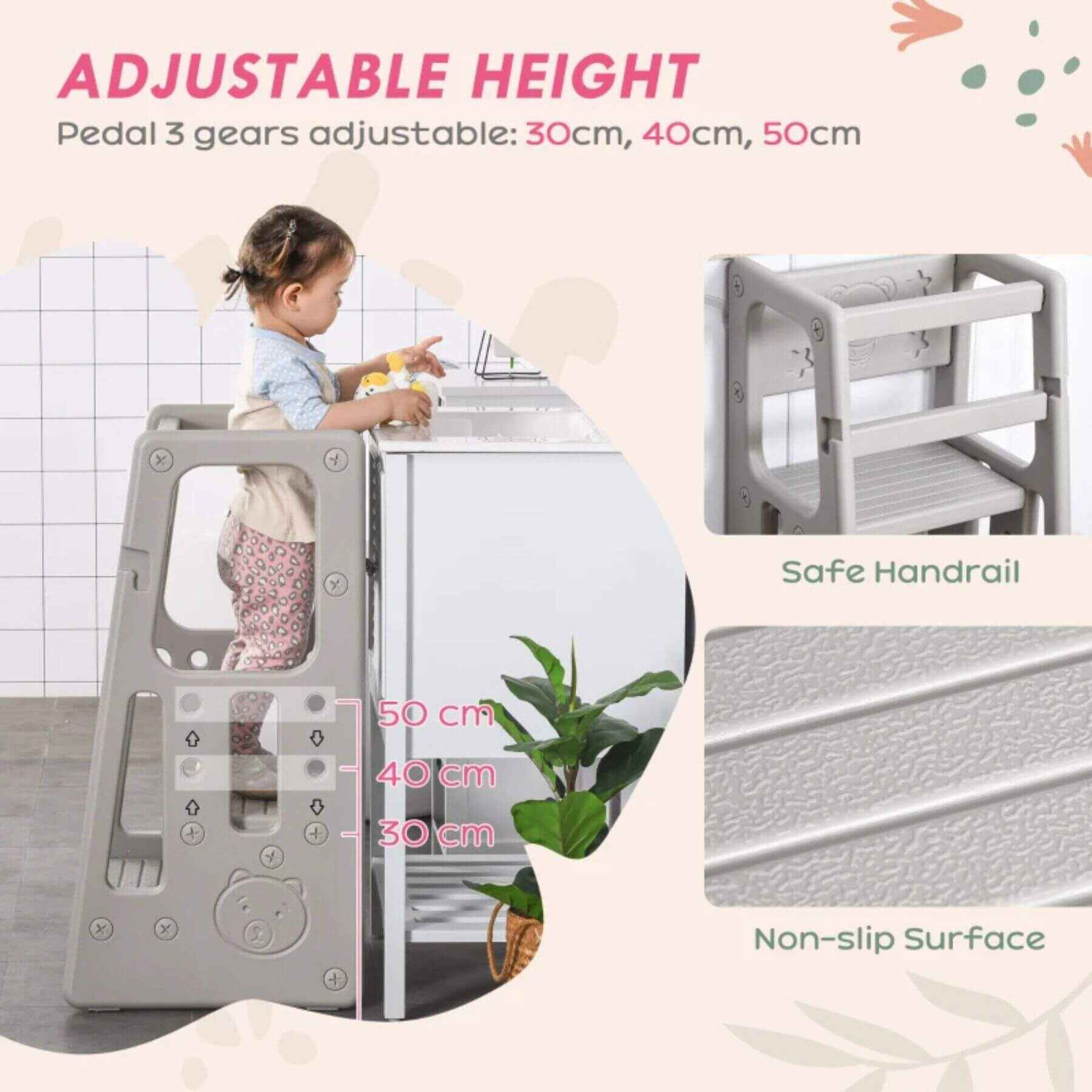 Girl Using Qaba Toddler Tower with Adjustable Height Grey