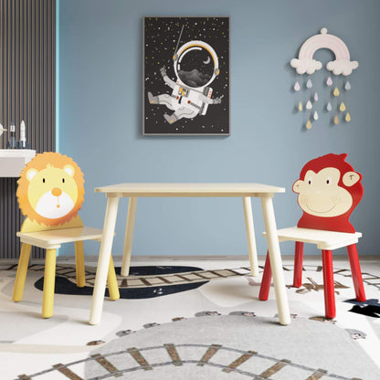 MOONRIVER 3-Pieces Toddler Activity Table and Chair Set - Lion & Monkey in a room with space-themed wall art.