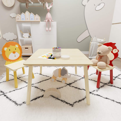 Children's playroom with MOONRIVER 3-Pieces Toddler Activity Table and Chair Set - Lion & Monkey, toys, and wall decorations.
