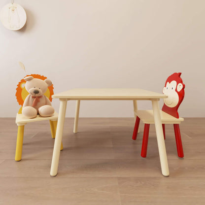 MOONRIVER 3-Pieces Toddler Activity Table and Chair Set - Lion & Monkey on a wooden floor.