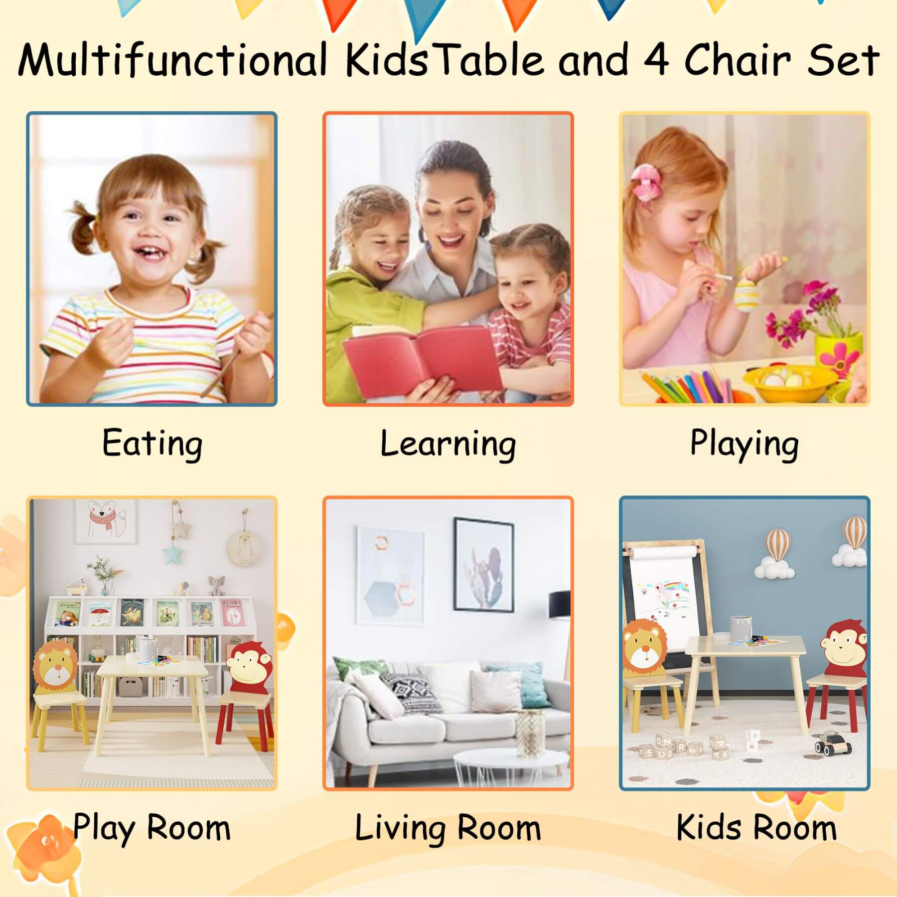 Multifunctional kids table and chair set with various usage scenarios on a yellow background.