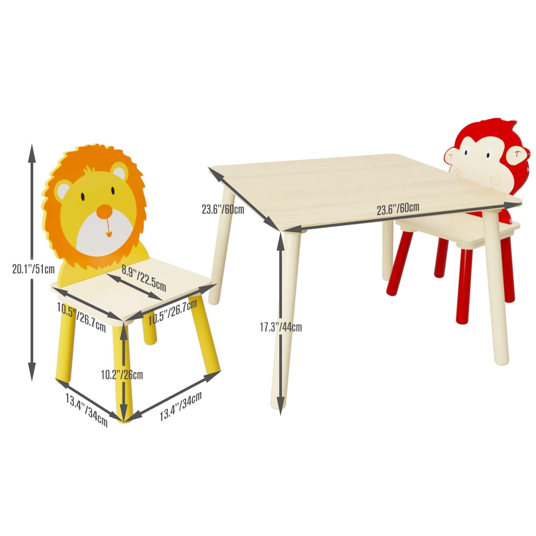 MOONRIVER 3-Pieces Toddler Activity Table and Chair Set - Lion & Monkey and measurements on a white background
