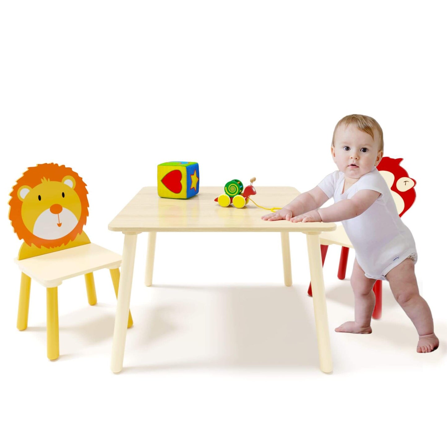 Baby playing with MOONRIVER 3-Pieces Toddler Activity Table and Chair Set - Lion & Monkey on a white background
