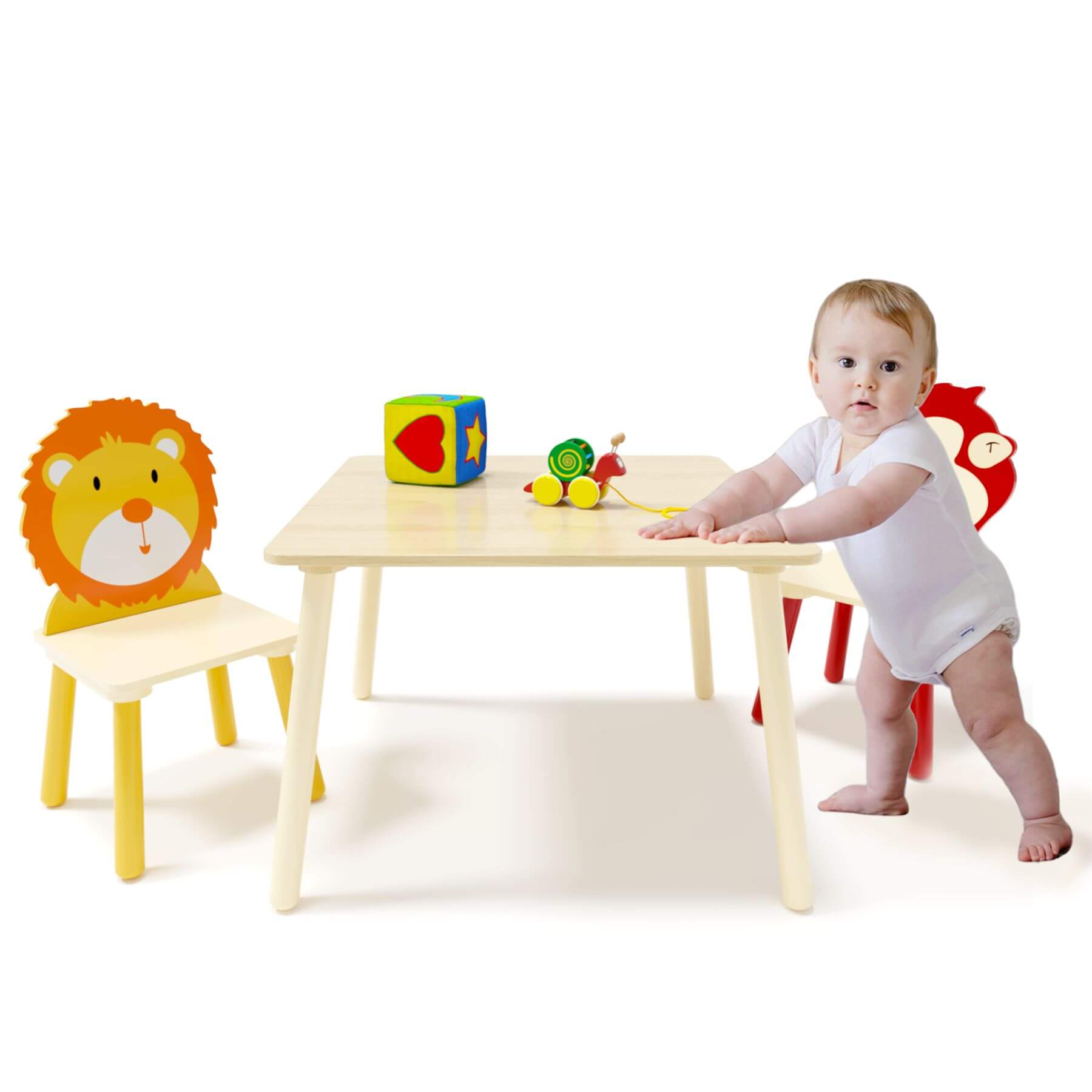 Baby playing with MOONRIVER 3-Pieces Toddler Activity Table and Chair Set - Lion & Monkey on a white background