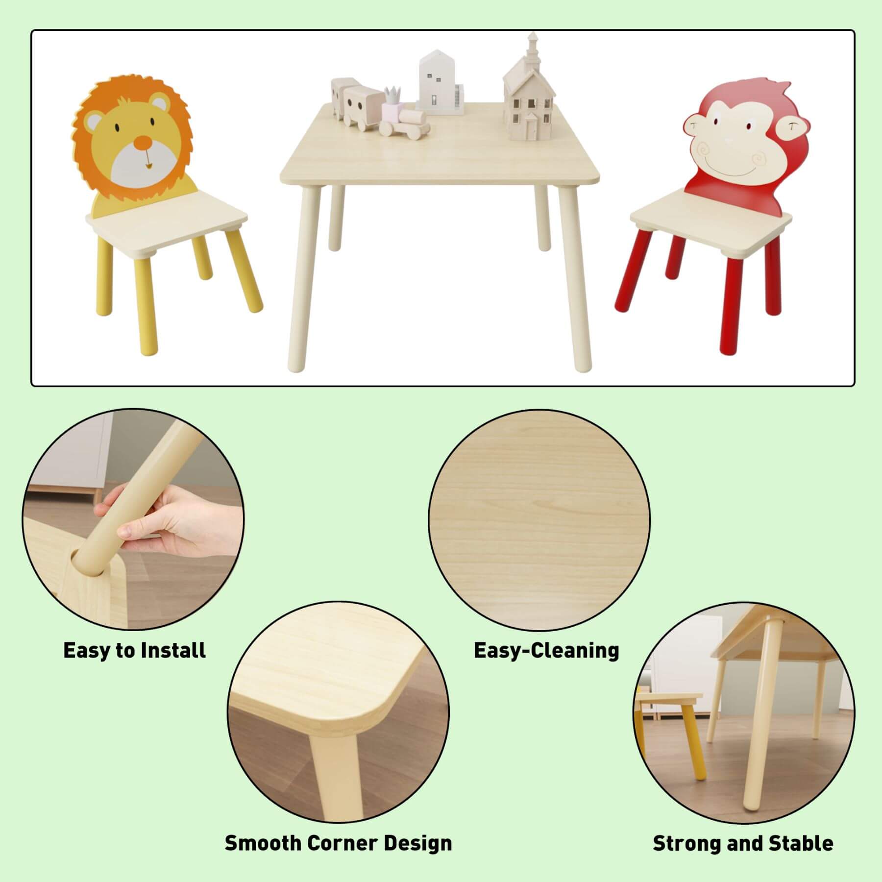 MOONRIVER 3-Pieces Toddler Activity Table and Chair Set - Lion & Monkey on a light green background