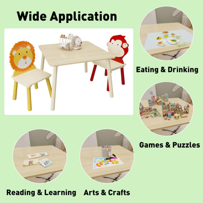 MOONRIVER 3-Pieces Toddler Activity Table and Chair Set - Lion & Monkey on a green background, showing various activities.