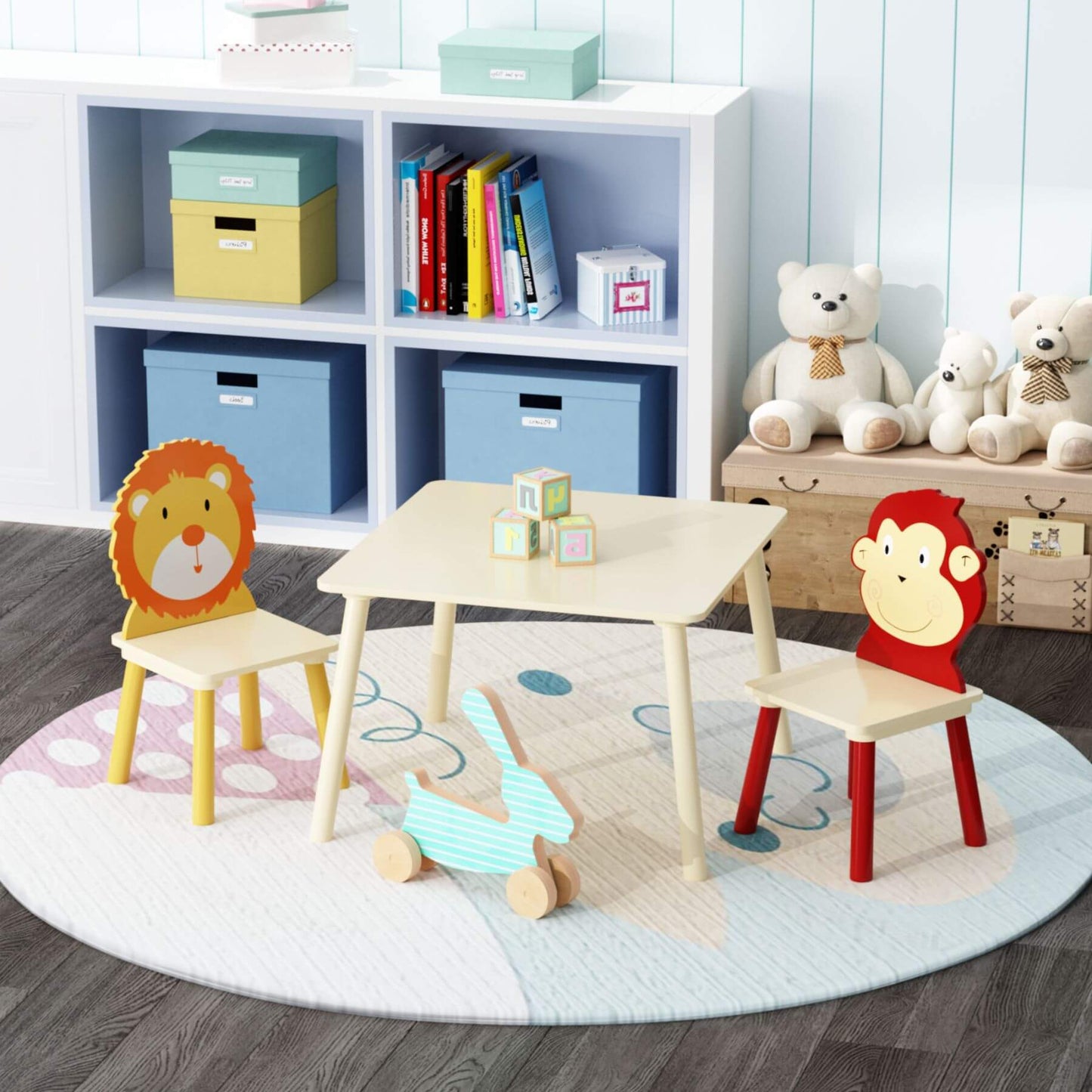 MOONRIVER 3-Pieces Toddler Activity Table and Chair Set - Lion & Monkey with toys, and storage boxes.