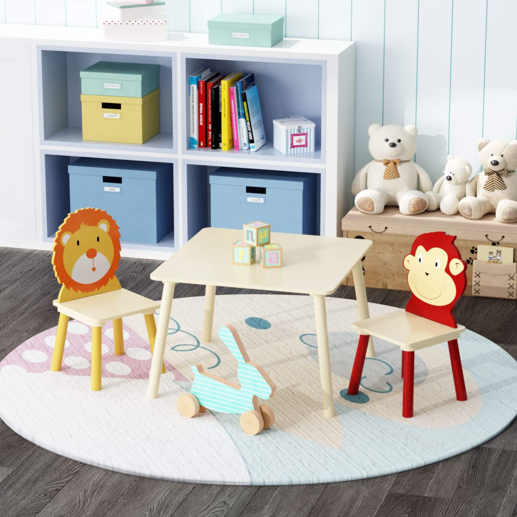 MOONRIVER 3-Pieces Toddler Activity Table and Chair Set - Lion & Monkey with toys, and storage boxes.