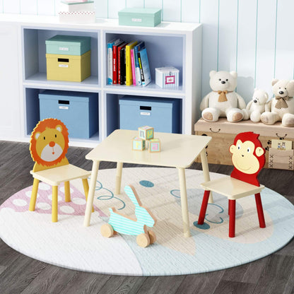 MOONRIVER 3-Pieces Toddler Activity Table and Chair Set - Lion & Monkey with toys, and storage boxes.