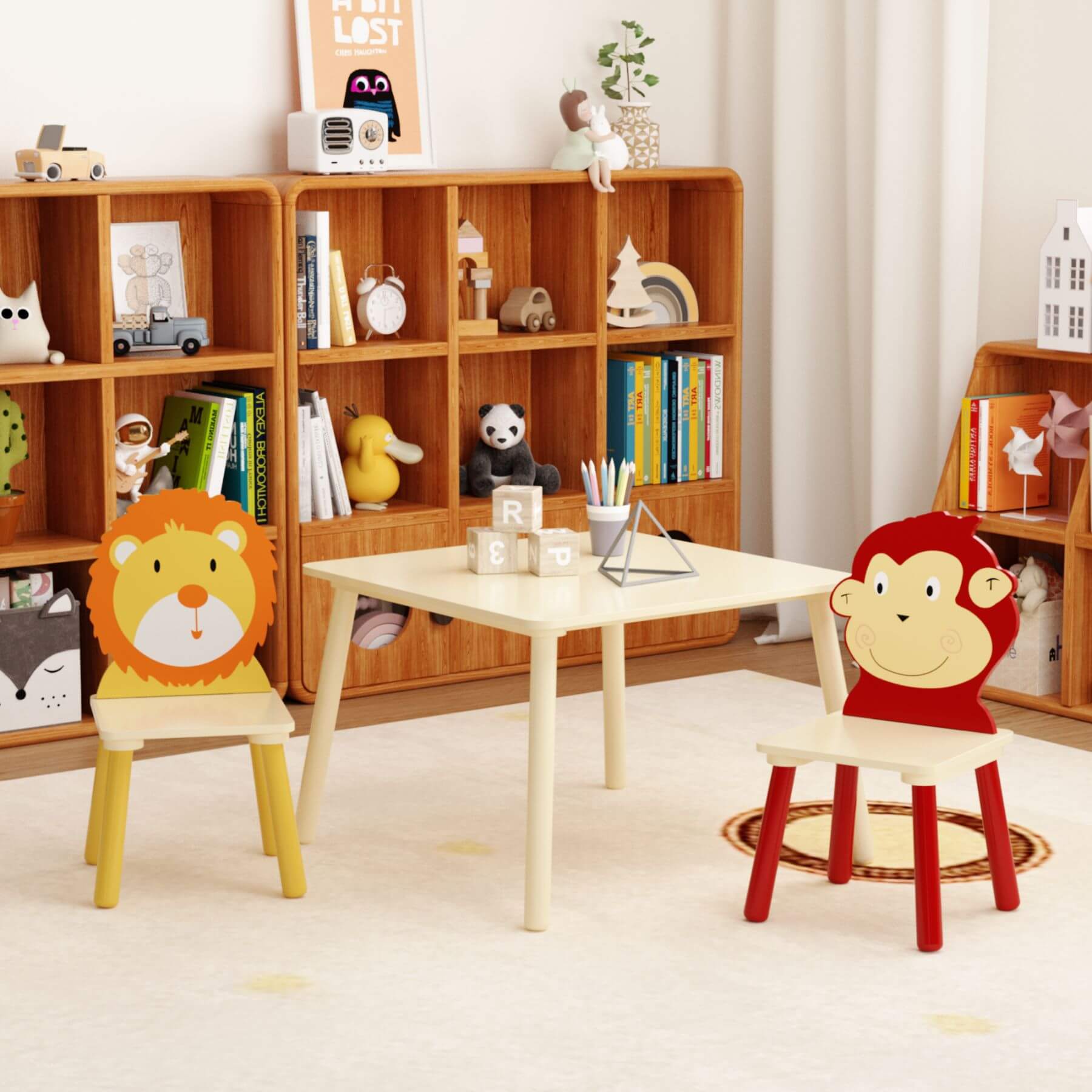 MOONRIVER 3-Pieces Toddler Activity Table and Chair Set - Lion & Monkey in a room with wooden bookshelves.