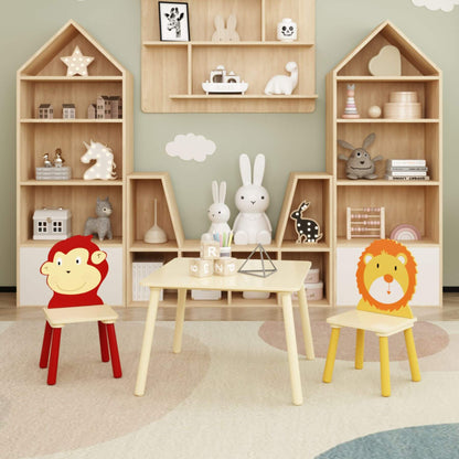 Children's playroom with wooden furniture, including MOONRIVER 3-Pieces Toddler Activity Table and Chair Set - Lion & Monkey, and shelves with toys and decor.