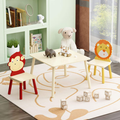 Children's play area with MOONRIVER 3-Pieces Toddler Activity Table and Chair Set - Lion & Monkey, toys, and alphabet blocks on a rug.