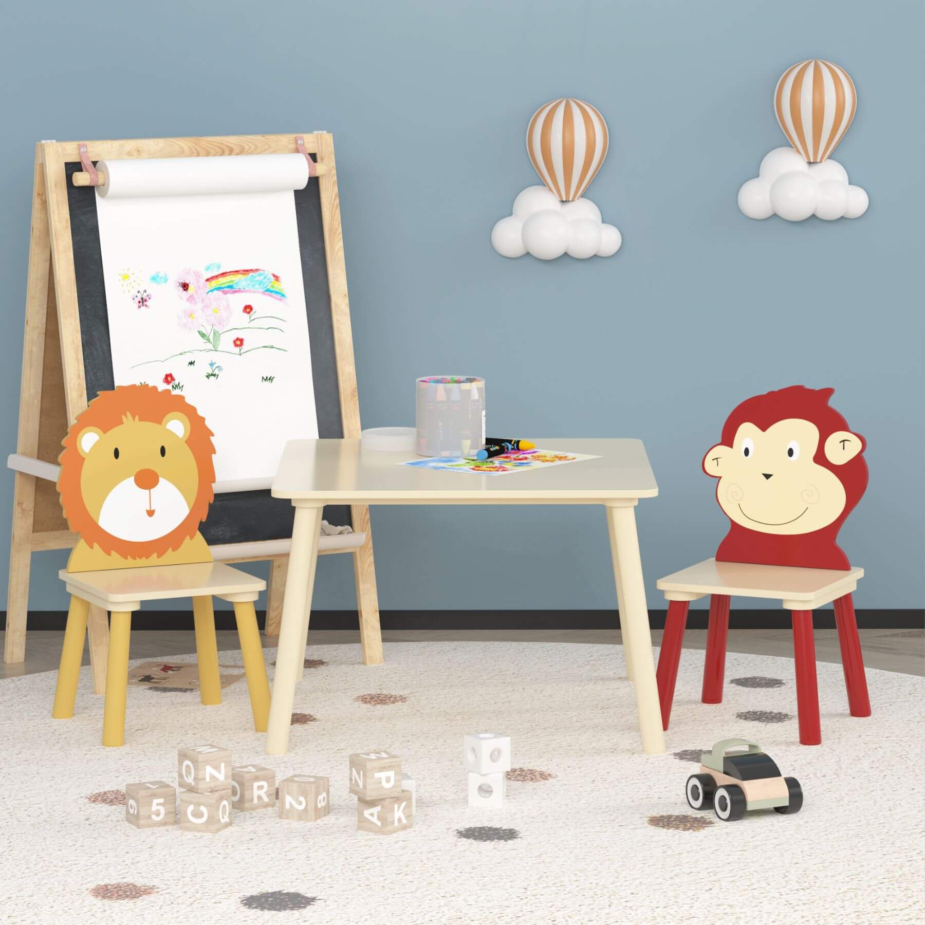 Children's playroom with MOONRIVER 3-Pieces Toddler Activity Table and Chair Set - Lion & Monkey and wall decorations.