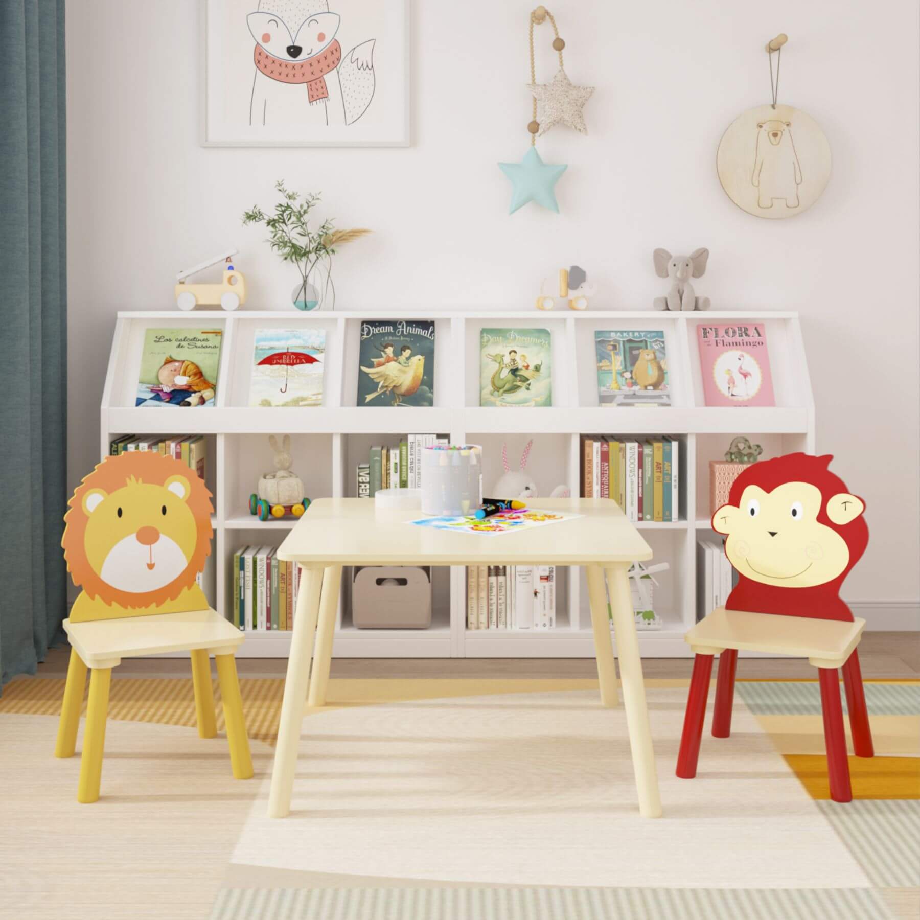 MOONRIVER 3-Pieces Toddler Activity Table and Chair Set - Lion & Monkey in a room with books and decor.