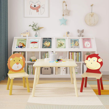 MOONRIVER 3-Pieces Toddler Activity Table and Chair Set - Lion & Monkey in a room with books and decor.