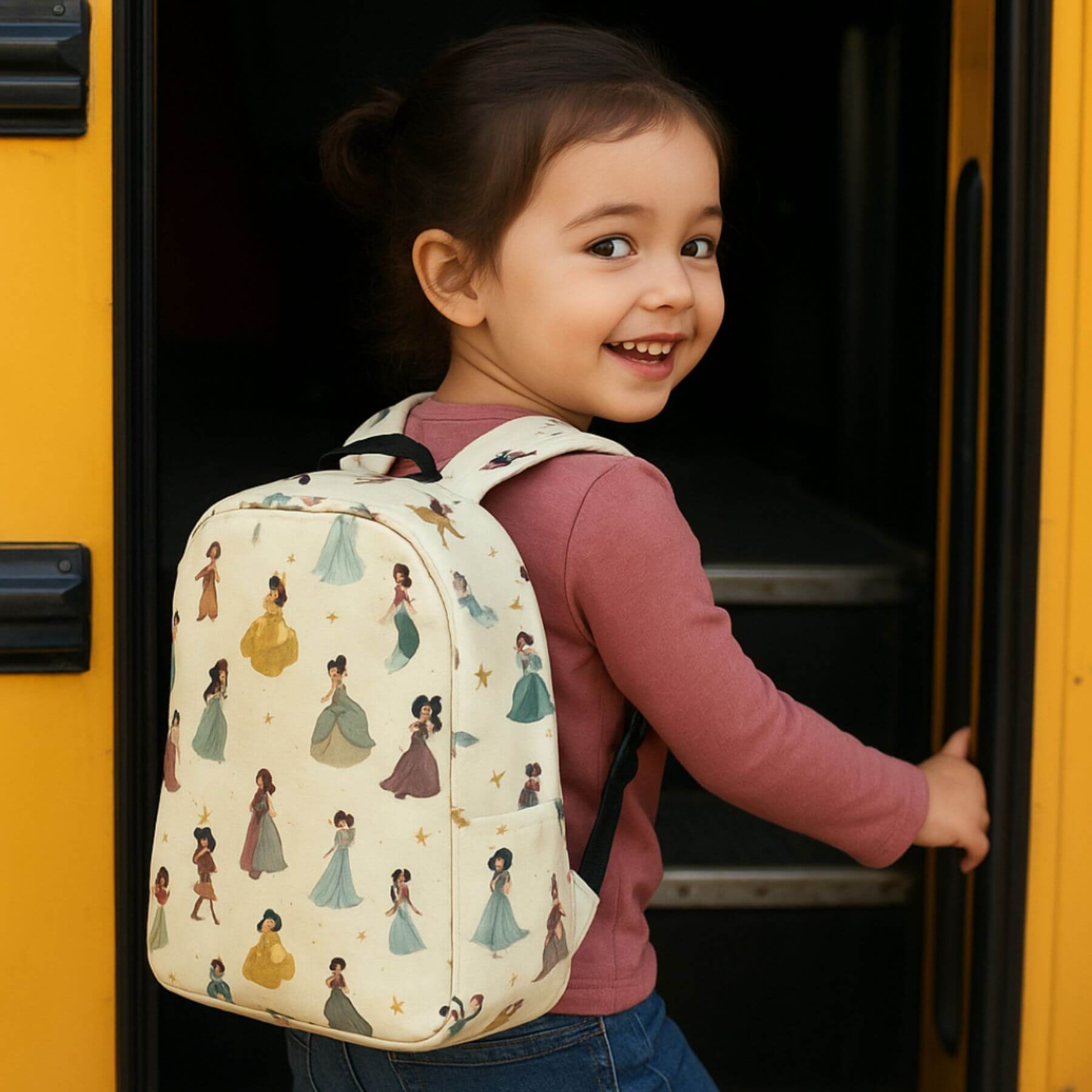 Child with Toddler Princess Magic Backpack standing next to a yellow school bus