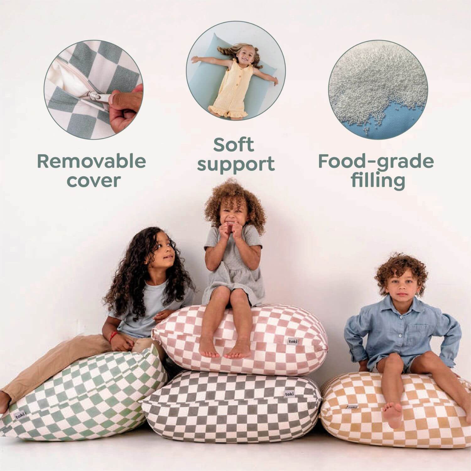 Children sitting on checkered bean bags with text highlighting features like 'Removable cover', 'Soft support', and 'Food-grade filling'.