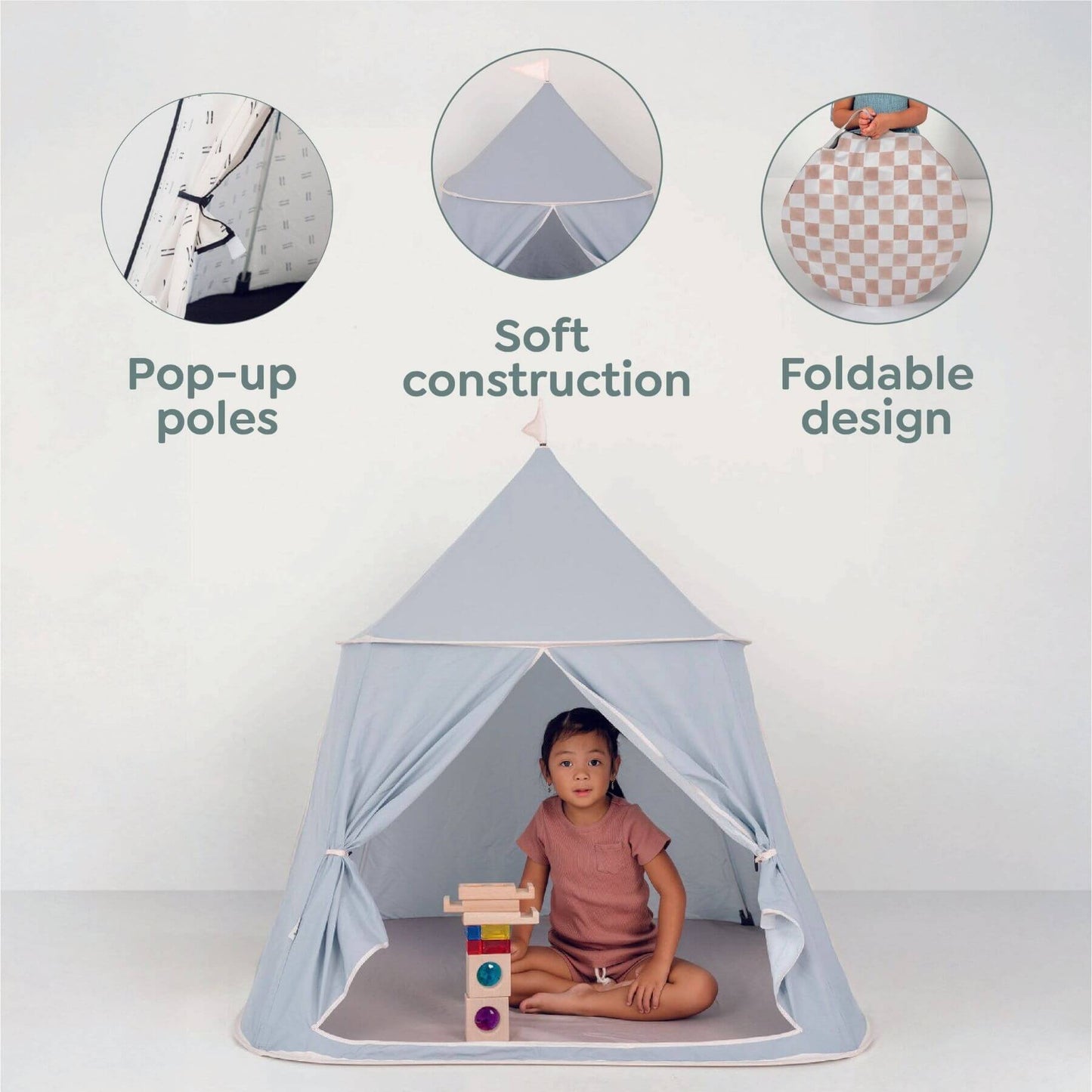 Kid playing inside Toki Kids Play Tent with features displayed