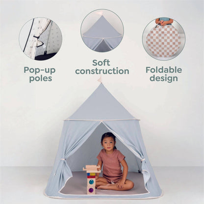 Kid playing inside Toki Kids Play Tent with features displayed