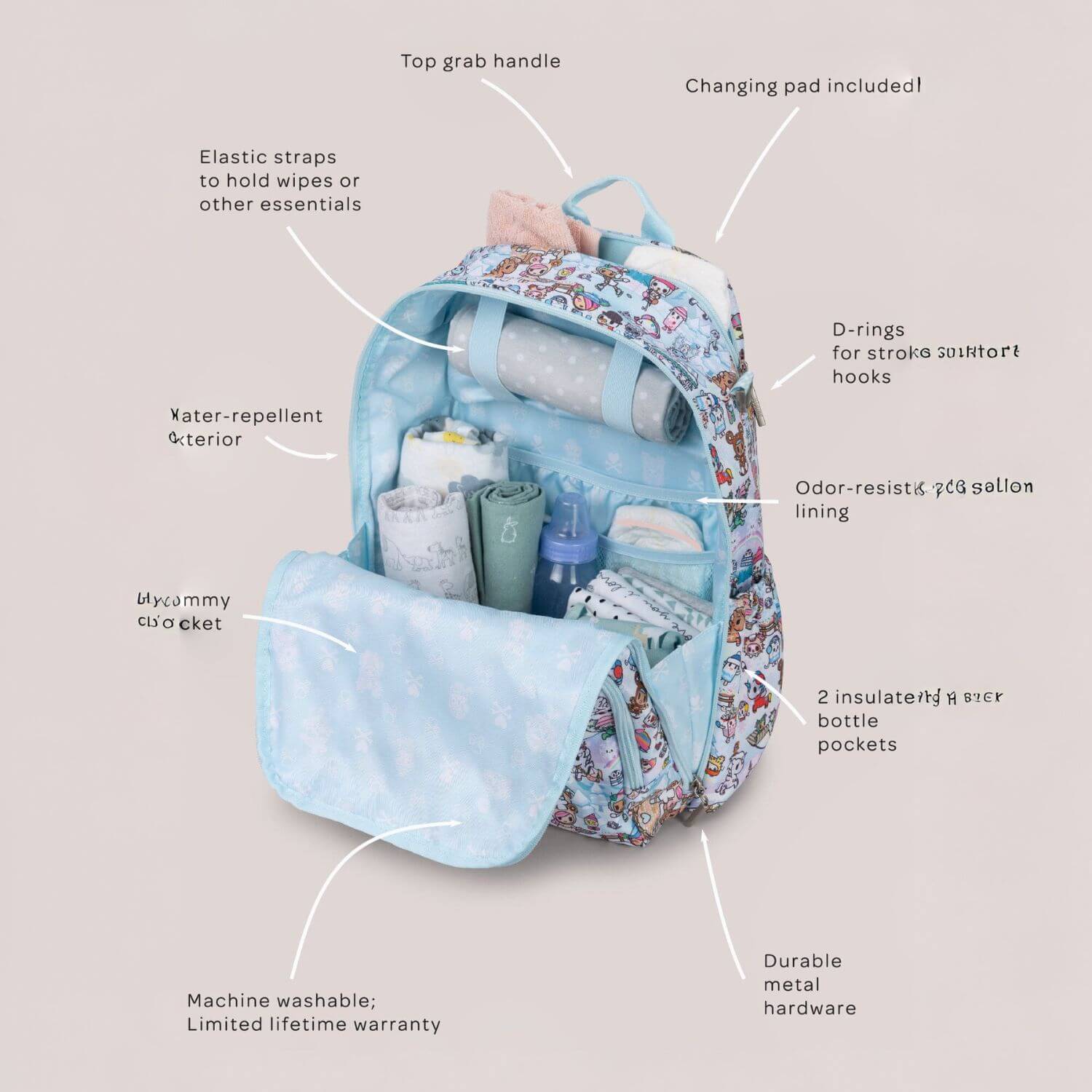 tokidoki Snow Day Zealous Backpack Diaper Bag — Ice Blue | Unzipped