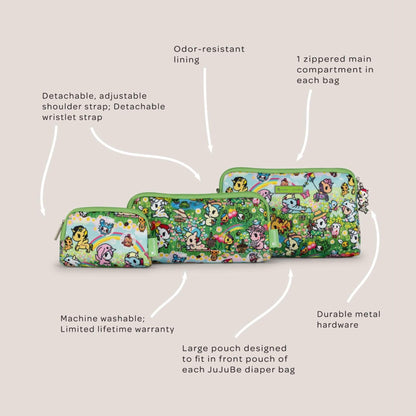 tokidoki Be Set 3-Piece Pouch Set - Meadow Blooms on a beige background, featuring text about product features.
