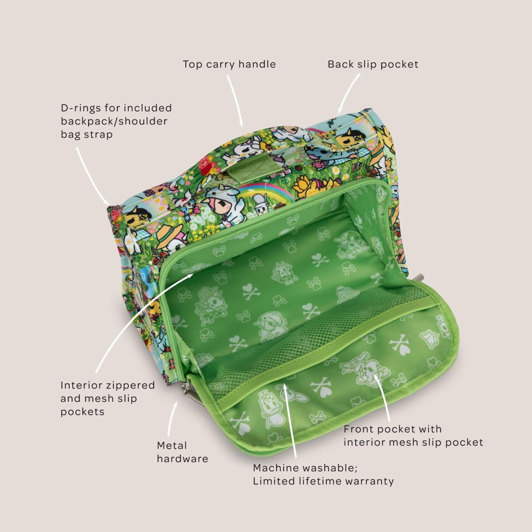 tokidoki The Bestie Small Messenger Handbag - Meadow Blooms and features labeled on a beige background