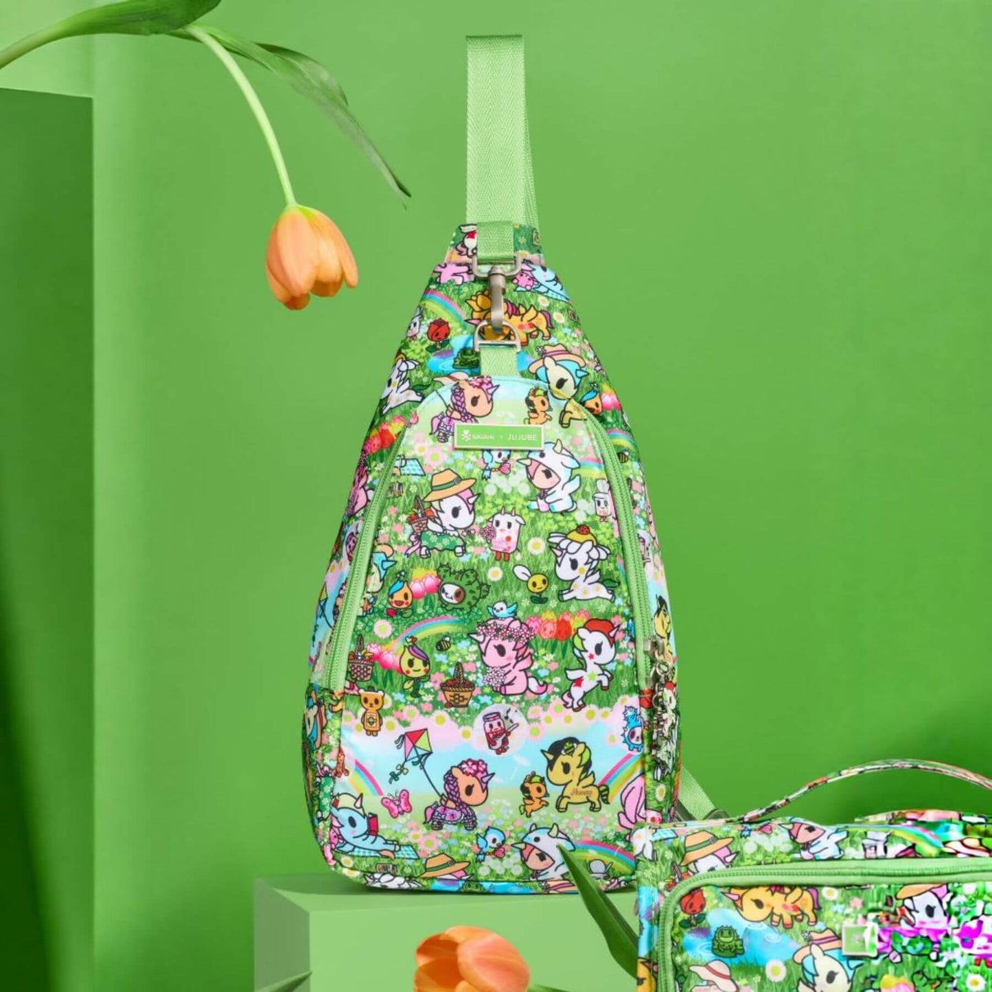 tokidoki Crossbody Sling - Meadow Blooms on a green background