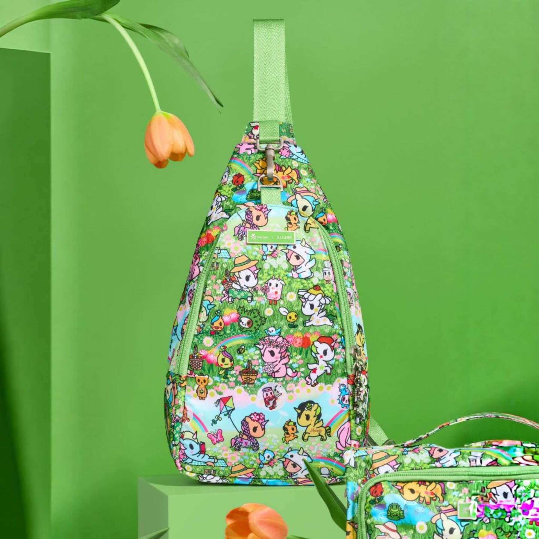 tokidoki Crossbody Sling - Meadow Blooms on a green background