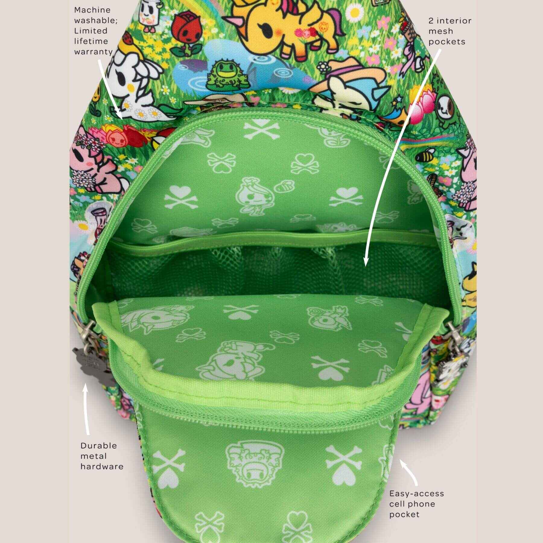 tokidoki Crossbody Sling - Meadow Blooms with features labeled