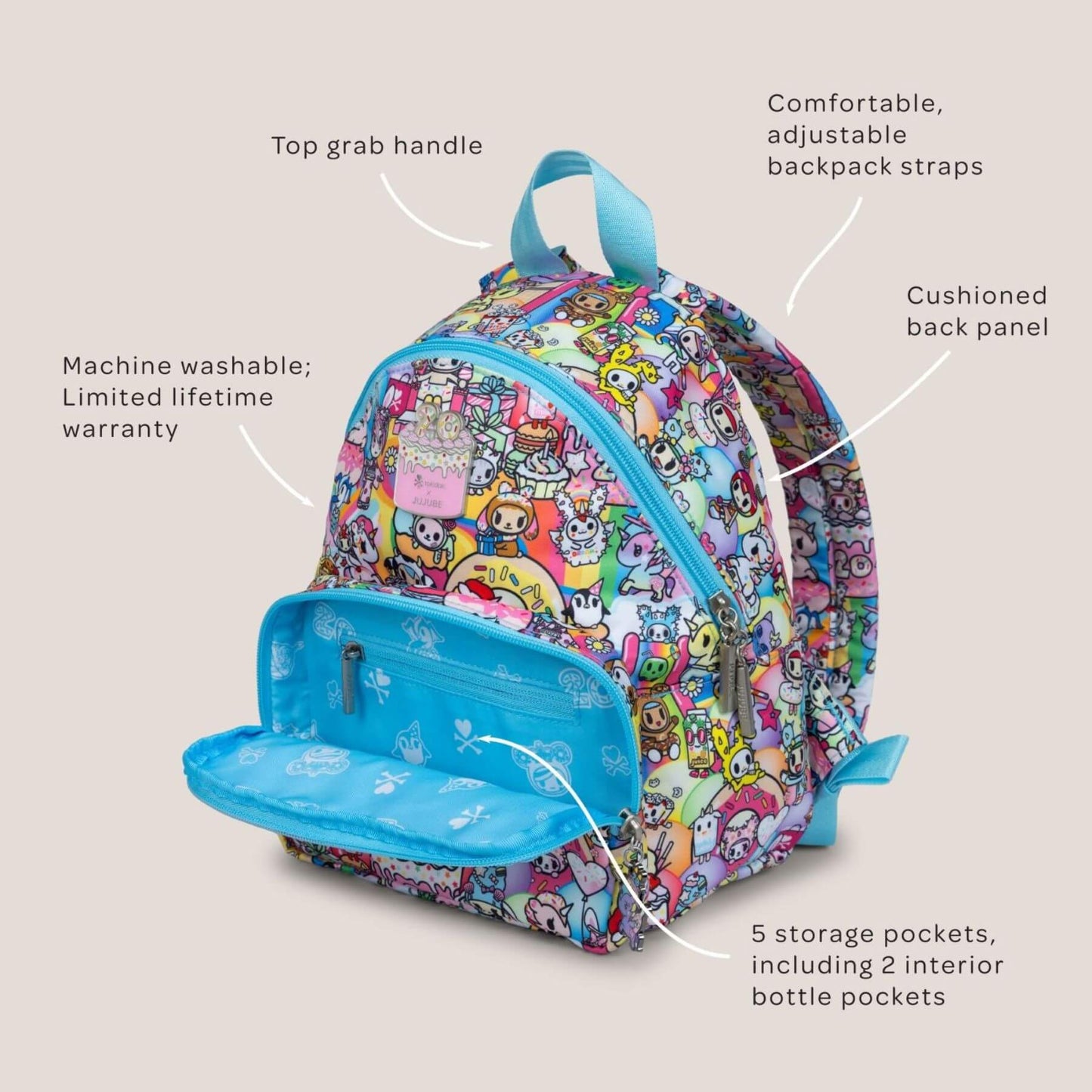 tokidoki Everyday Mini Backpack - 20th Anniversary Celebration, labeled features on a beige background