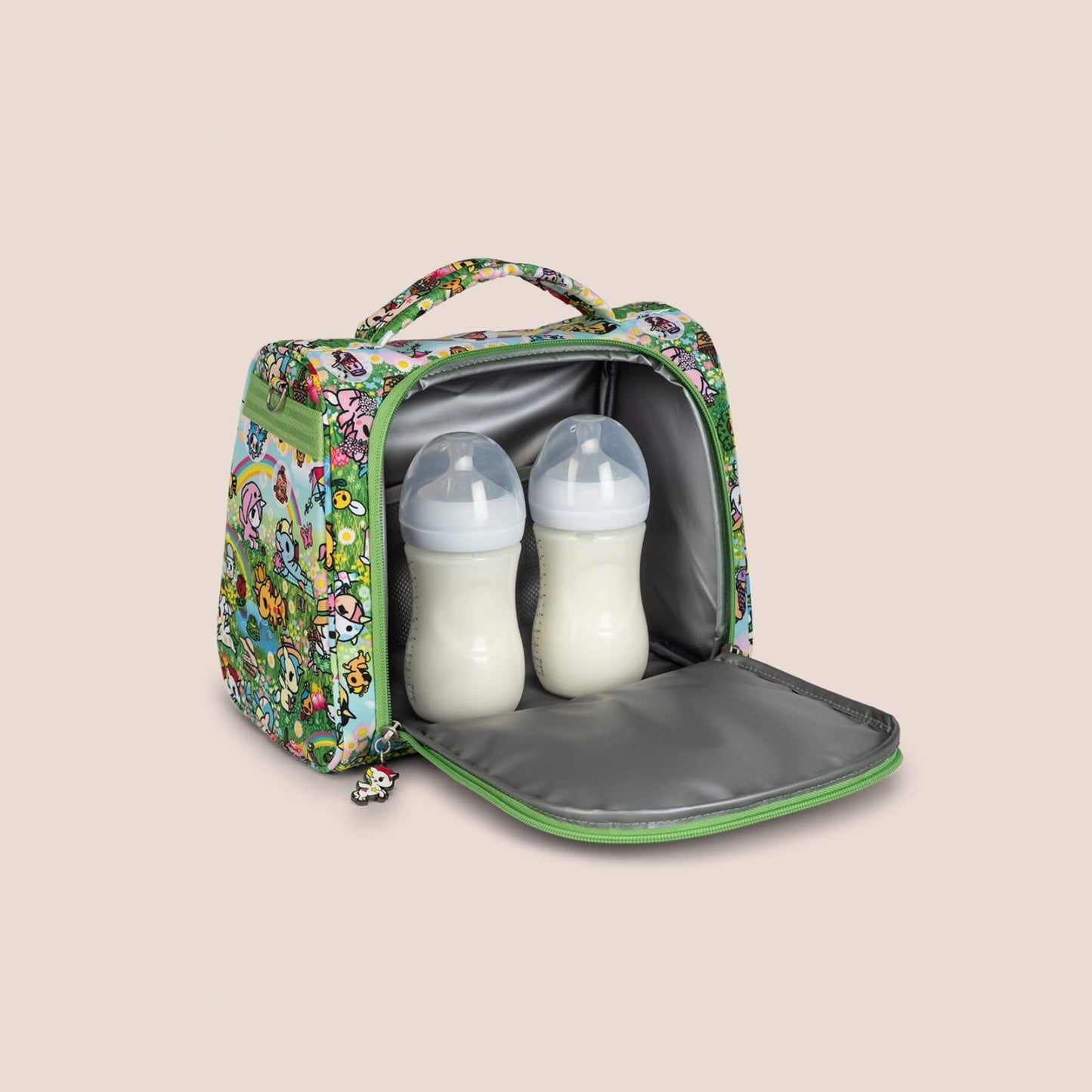 tokidoki Insulated Bottle Bag - Meadow Blooms with two bottles inside on a beige background