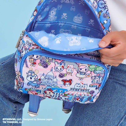 tokidoki Everyday Mini Backpack - C'est la vie à Paris held by a person against a light blue background