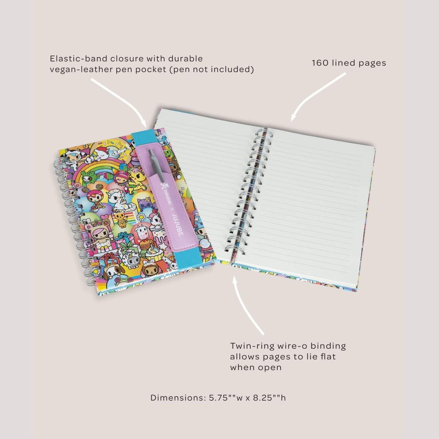 Notebook with colorful cover, pen, and open pages on a light background