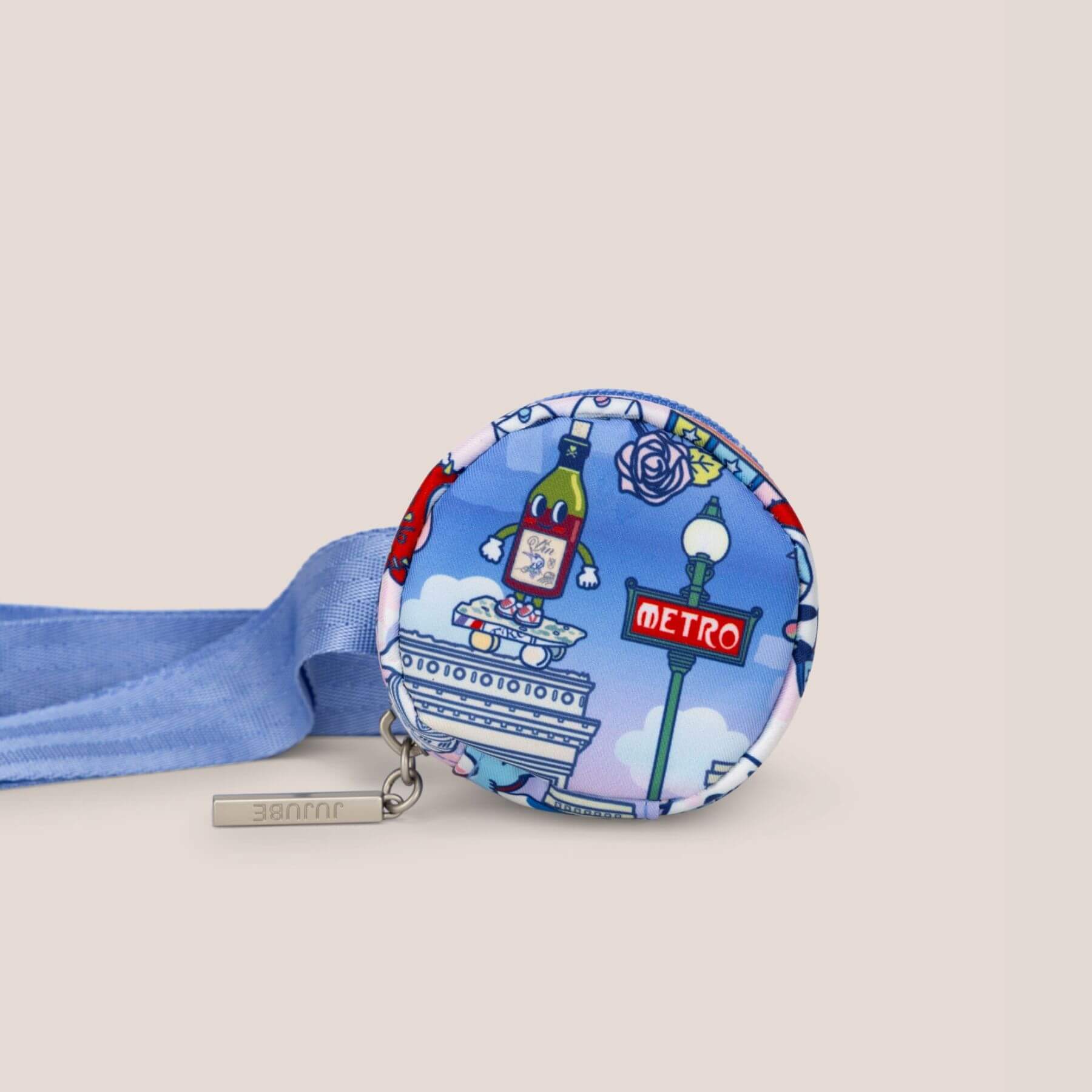 Retractable badge holder with a blue ribbon on a light gray background