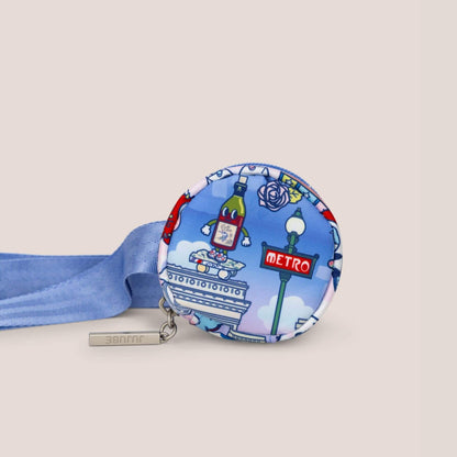 Retractable badge holder with a blue ribbon on a light gray background