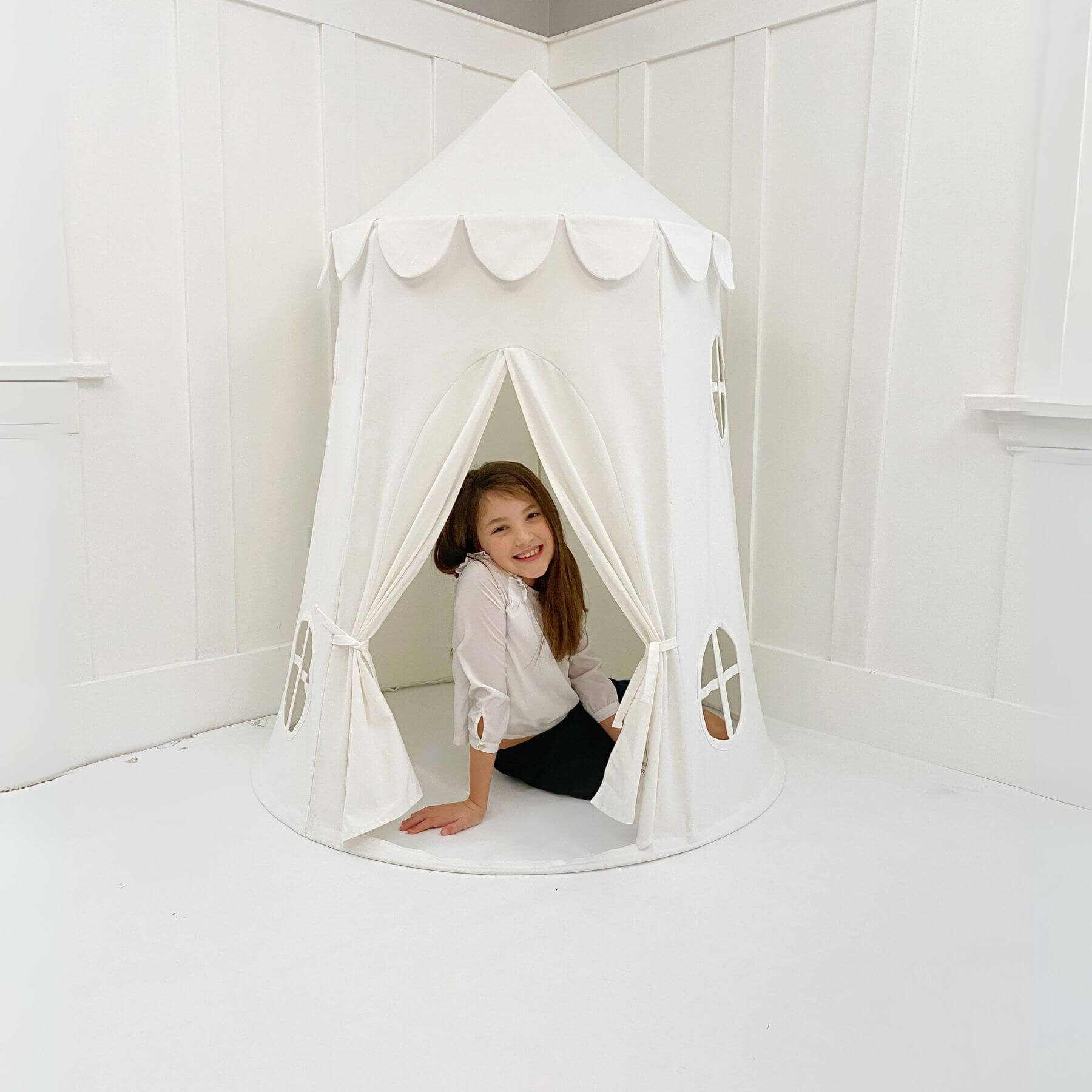 Girl Playing inside Domestic Objects Tower Tent White