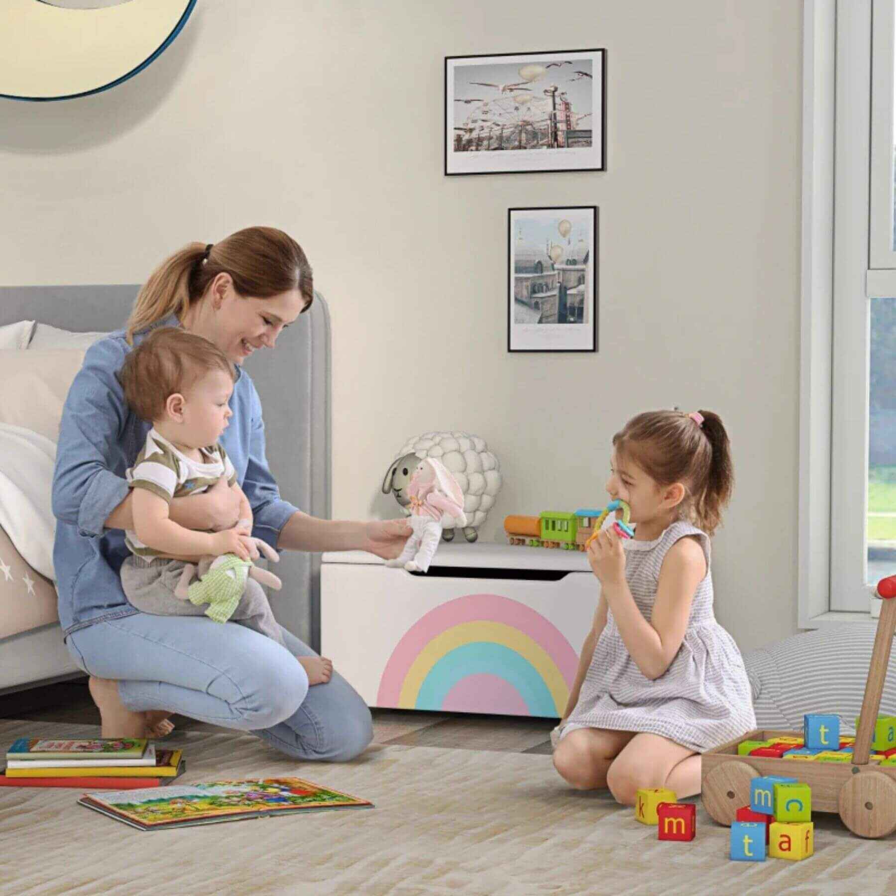 Mom & Kids Playing next to Qaba Toy Box Chest White