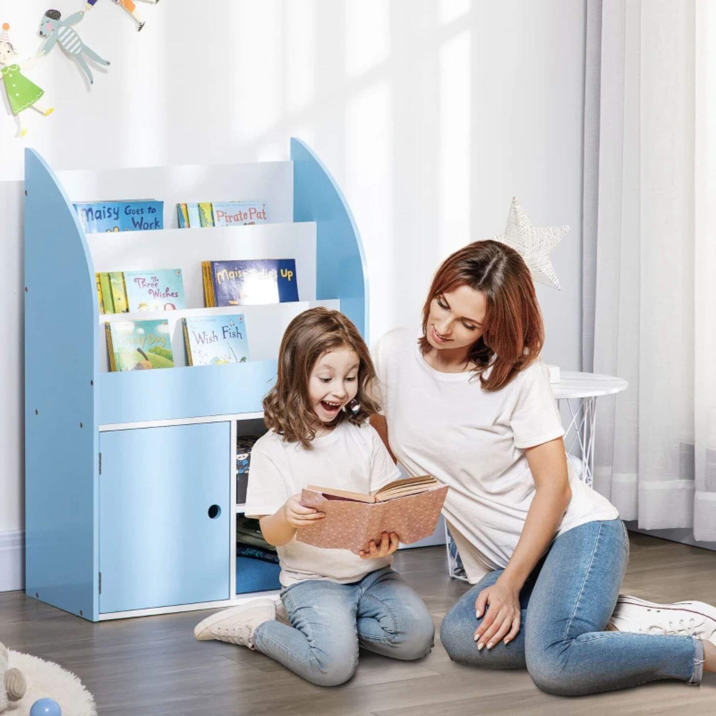 Mom & Kid Reading next to Qaba Toy Storage Organizer, Freestanding Children Bookcase with Cabinet, Blue