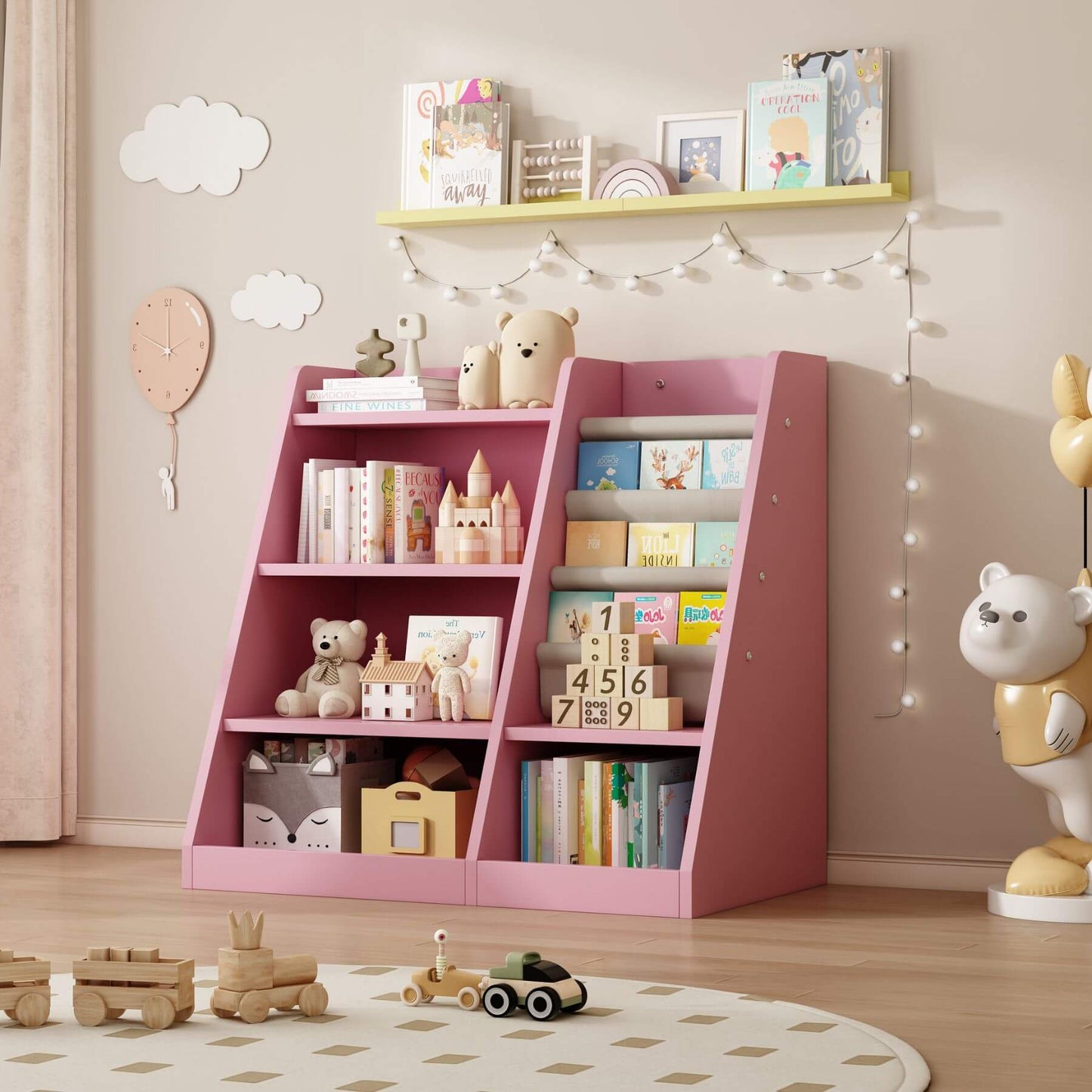 MO IM Toy Storage Organizer Kids Bookshelf - Pink filled with books and toys in a room with decorative elements.
