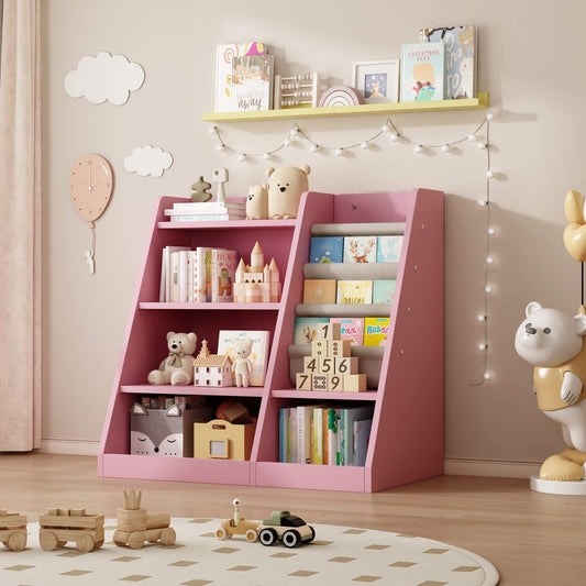 MO IM Toy Storage Organizer Kids Bookshelf - Pink filled with books and toys in a room with decorative elements.