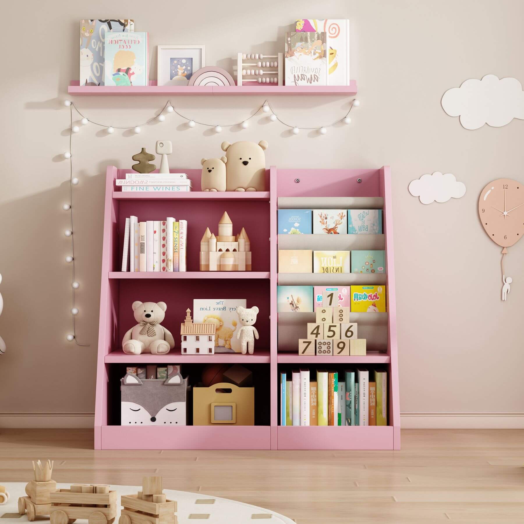 MO IM Toy Storage Organizer Kids Bookshelf - Pink with toys and books in a room with a light pink wall.