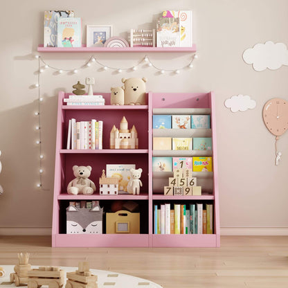 MO IM Toy Storage Organizer Kids Bookshelf - Pink with toys and books in a room with a light pink wall.